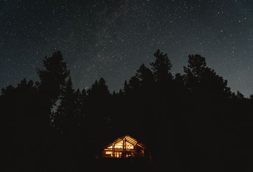 An illuminated hut in the dark woods with silhouettes of trees under a starry sky