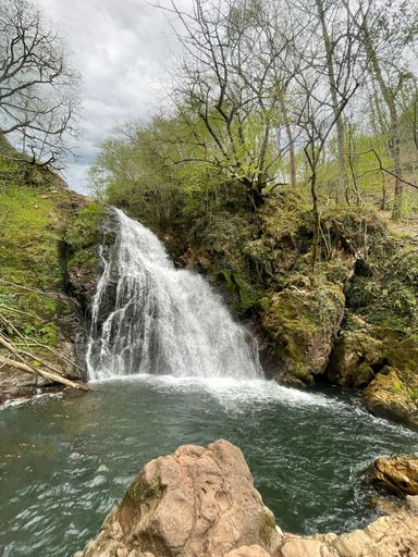 forest in spring with a large waterfall pouring its water into a pond, rocks in the foreground, Xorroxin water fall, Erratzu, Navarra, Spain