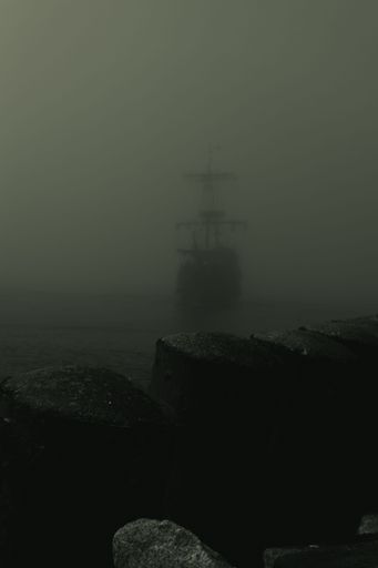 A vertical shot of pirate ship entering the port on a foggy day