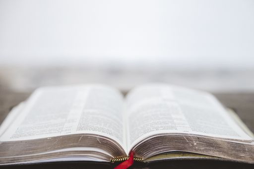 A closeup shot of an open bible with a blurred background