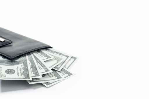 Leather wallet with US dollar banknotes on white background. Copy space