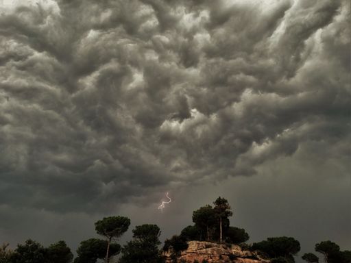 A huge gray clouds with lightning in the sky over many of trees
