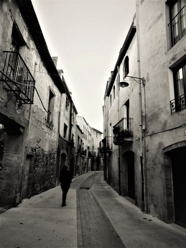 A vertical grayscale shot of a person walking down the narrow street surrounded by old buildings.
