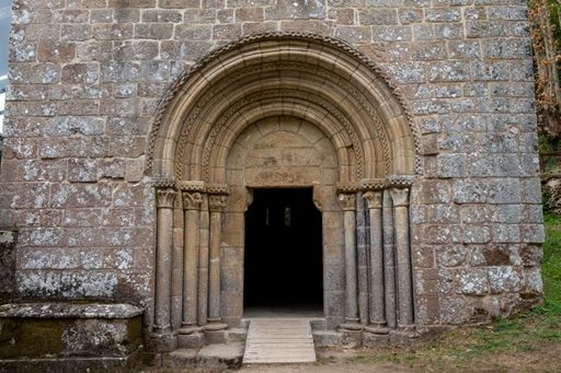 Door of the church of the medieval Romanesque monastery of Santa Cristina de Ribas de Sil. Ribeira Sacra, World Heritage Site in Galicia, Spain