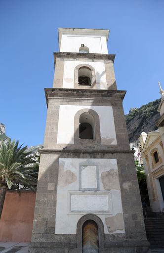 A vertical shot of a bell tower of the church of Santa Maria Assunta in Positano, Amalfi Coast, Salerno, Italy