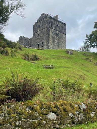 A vertical shot of an old stone castle on a green hill with vast fields around it under a gloomy gray sky