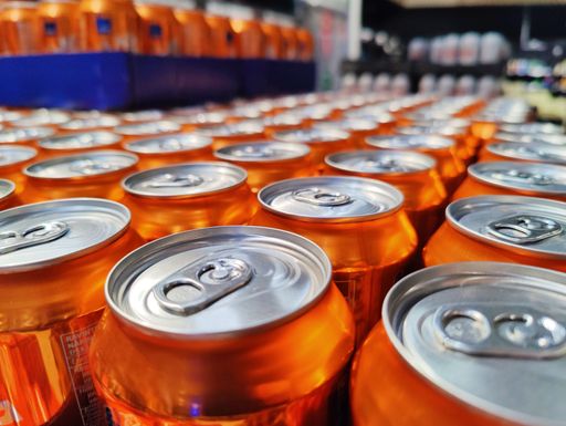 A close-up shot of metallic cans in a factory