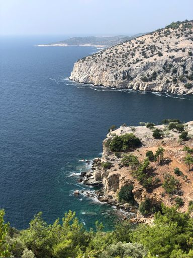 A vertical shot of the beautiful seascape seen from the Holy Monastery of Archangel Michael
