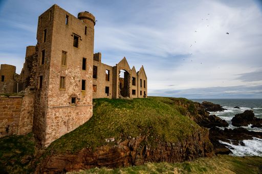 The Ancienct Ruins of Castle Slains in Aberdeenshire  with a view of the Beautiful Eastern Scottish Coast in Scotland UK