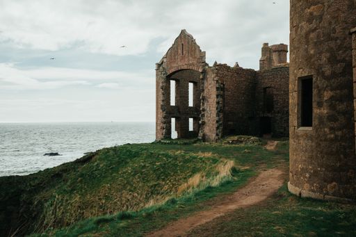 The Ancienct Ruins of Castle Slains in Aberdeenshire  with a view of the Beautiful Eastern Scottish Coast in Scotland UK