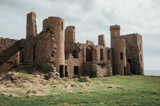 The Ancienct Ruins of Castle Slains in Aberdeenshire  with a view of the Beautiful Eastern Scottish Coast in Scotland UK