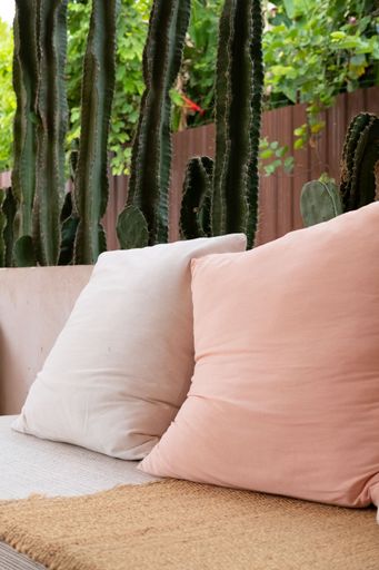 A vertical shot of light pink and white cream pillows with rustic decoration