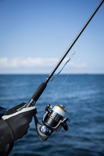 A vertical shallow focus shot of human hand in glove golding new fishing rod by the water