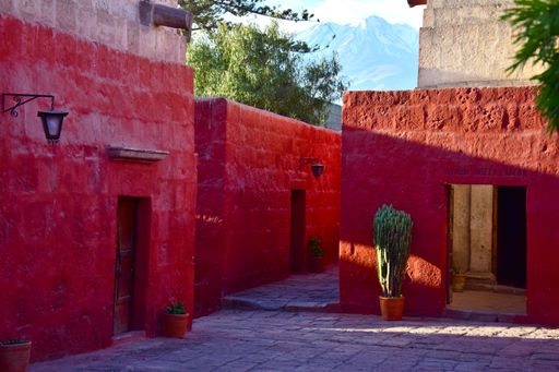 Traditional patio of an old house with typical colorful colonial architecture in Arequipa, Peru