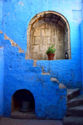 Traditional patio of an old house with typical colorful colonial architecture in Arequipa, Peru