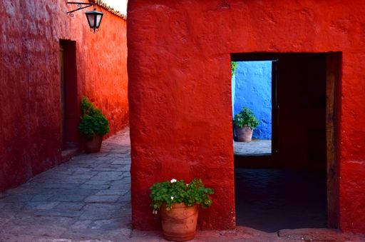 Traditional patio of an old house with typical colorful colonial architecture in Arequipa, Peru