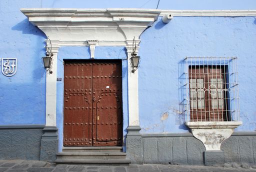 Typical colonial architecture in Arequipa, Peru n the historic part of the city in traditional colorful style.
