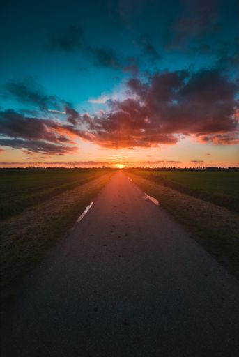 A vertical shot of a road surrounded by grassy fields at sunset captured in Zeeland, Netherlands