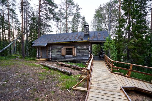 A wooden building with a wooden footpath in a forested area under the bright sunlight
