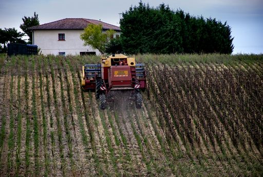 A view of combine harvester type vehicle with 'Convoi Agricole' which is a warning to the following traffic