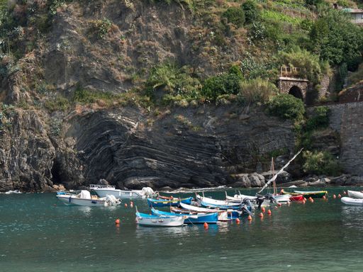 The Coastal Italian Village cinque Terre by aligned boats in the water under wood trees
