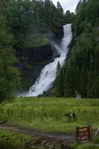 Wonderful landscapes in Norway. Vestland. Beautiful scenery of Huldefossen waterfall and Movatnet lake. Mountain and trees in background. Cloudy day