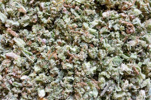 A closeup shot of frozen green ground cannabis texture in Colorado