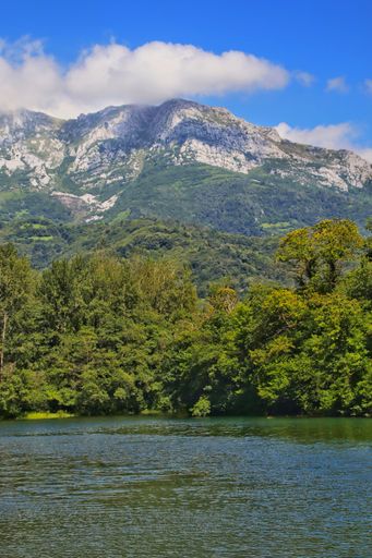 A vertical shot of the Valdemurio reservoir with lush green trees and a mountainous landscape