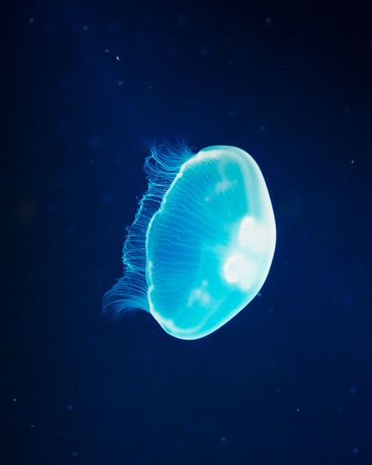 A vertical shot of a blue, glowing jellyfish under the sea