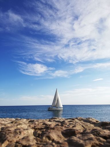 A vertical shot of a ship sailing near the rocky coast