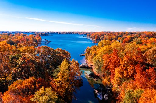 The aerial view of Lake Norman surrounded by orange trees under the blue sky on an autumn day