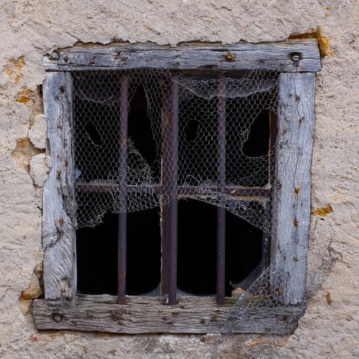 A closeup shot of an old broken window covered in net with holes