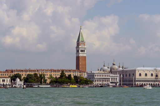 View across Saint Mark's Basin in Venice, Italy, towards Riva degli Schiavoni. S-W corner of the Doge's Palace and the top of the Bell Tower also seen