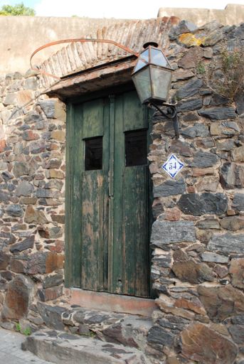 A vertical shot of old weathered green wooden door of a small stone building with number 54
