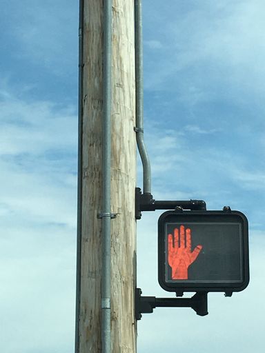 A vertical shot of don't walk red hand sign at a pedestrian crossing