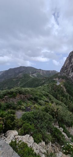 A vertical shot of a landscape with hills, mountains, forests and a cloudy sky