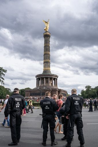 BERLIN, GERMANY August 29, 2020. Demo in Berlin with the police at the Victory Column against the Corona Covid-19 regulations and for human rights.