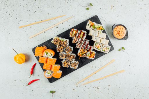A top view of sushi on a plate