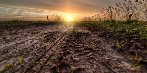 A beautiful sunset over a muddy field on the countryside