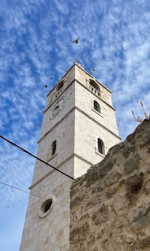 A vertical shot of birds flying over a clock tower against blue cloudy sky
