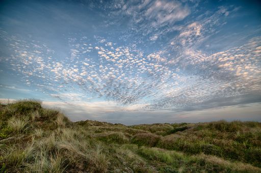 A beautiful  shot a field on a hill under the cloudy sky