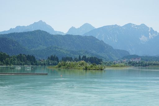A beautiful shot of a calm sea surrounded by greenery and mountains during a daytime