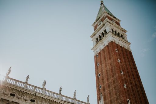 A low angle shot of the famous St Mark's Campanile in Venice, Italy