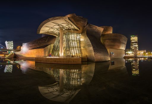 The Guggenheim museum in Bilbao at night.