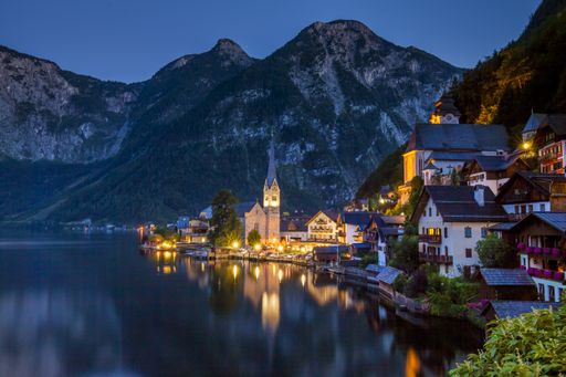 A beautiful shot of the Bad Goisern town in Austria near the lake at night