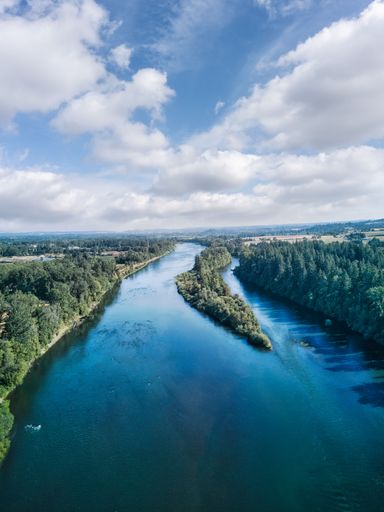 An aerial shot of a blue river surrounded by vegetation under a cloudy sky