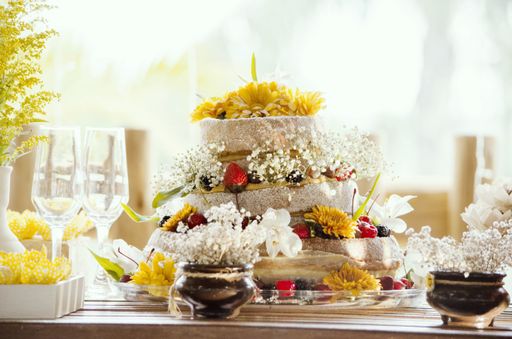 The beautifully decorated cake for the wedding ceremony