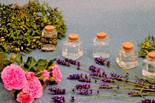Vials with essential oils surrounded by rose and lavender flowers, and juniper branches on a blue background.
