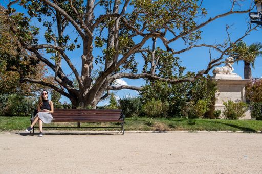 A Young woman using sunglasses, sitting on a bench in the park