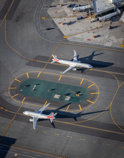 An aerial shot of American Airlines planes at the Boston Logan Airport